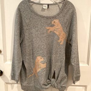 Anthropologie front tie sweatshirt material top with jeweled tigers size S